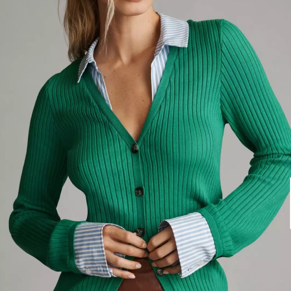 Maeve Green Ribbed V-Neck Button Cardigan - Picture 2 of 6